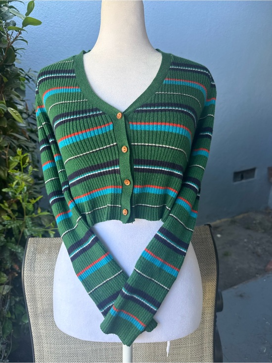 Timing Sweaters - Timing Green Striped Cropped V-Neck Cardigan